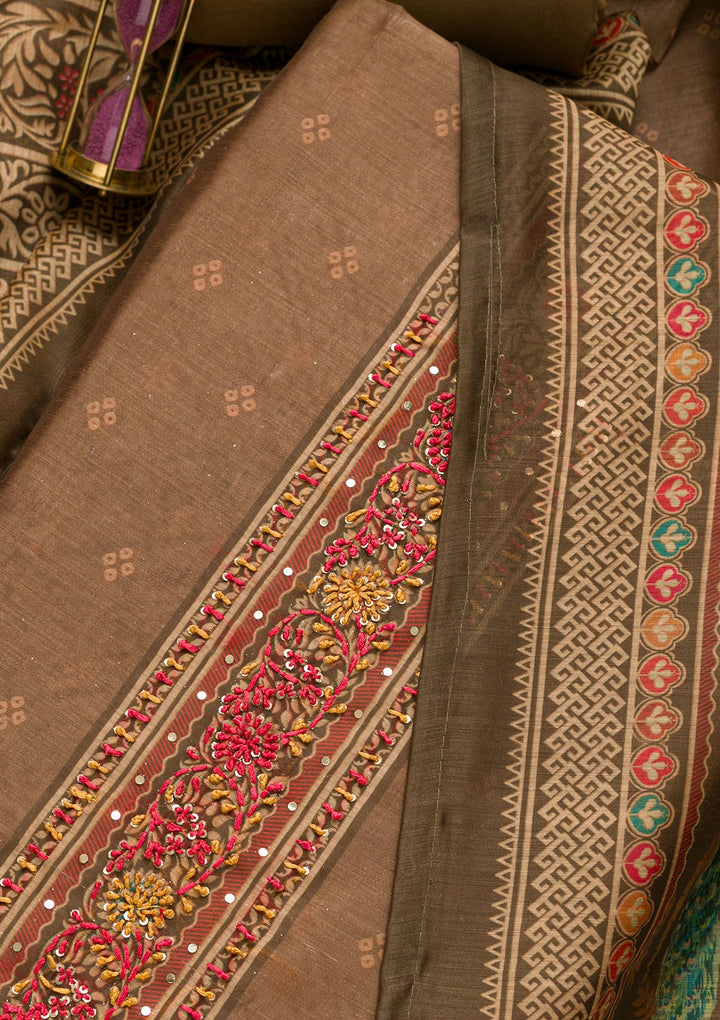 Light Brown Printed Chanderi Unstitched Salwar Suit-Koskii