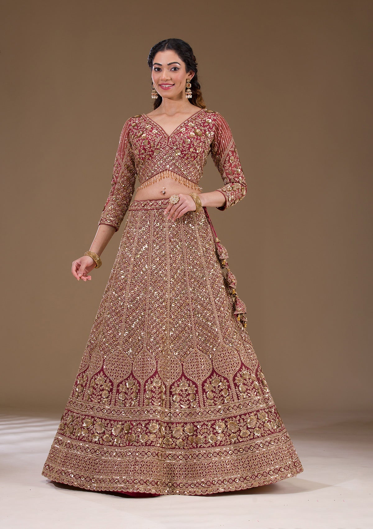 Light Brown Sequins Net Readymade Lehenga-Koskii