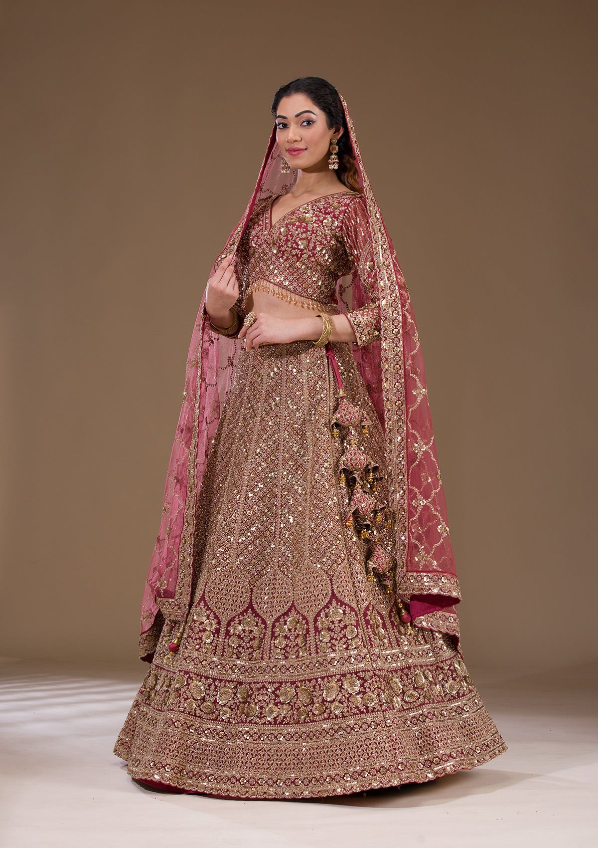 Light Brown Sequins Net Readymade Lehenga-Koskii