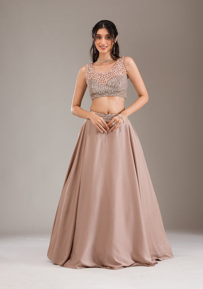 Light Brown Sequins Satin Readymade Lehenga-Koskii