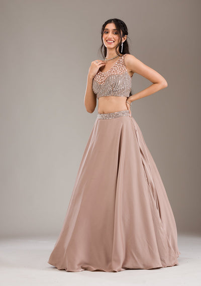 Light Brown Sequins Satin Readymade Lehenga-Koskii