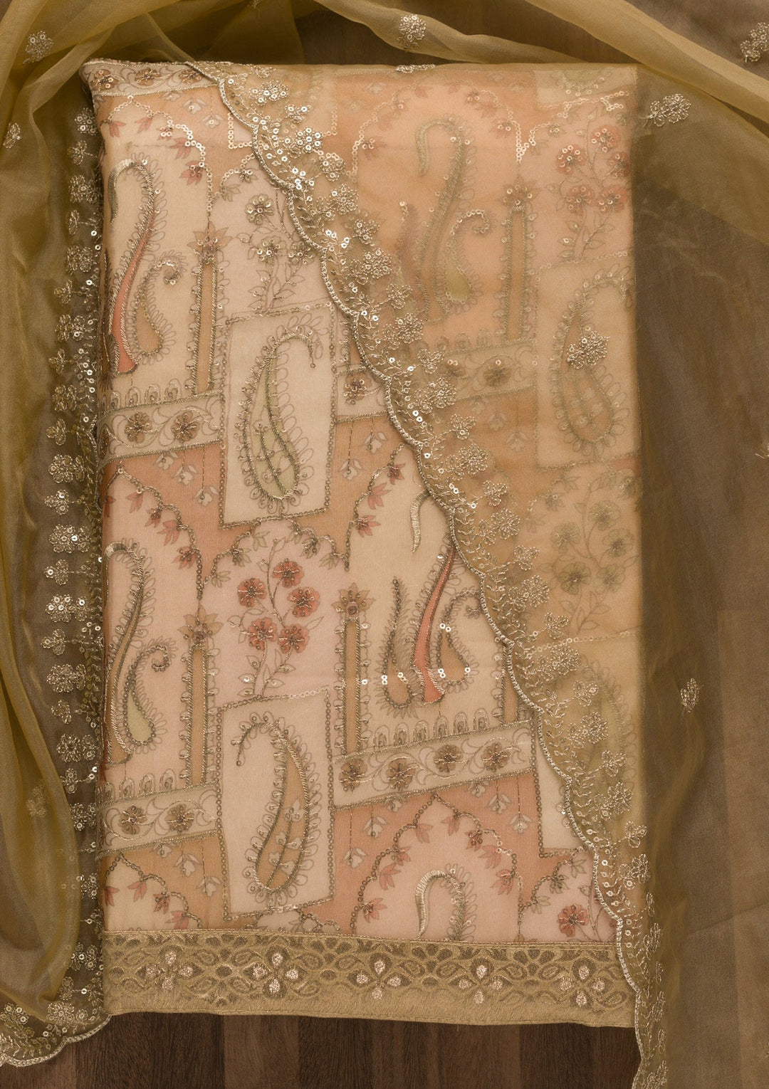 Light Brown Sequins Tissue Unstitched Salwar Suit-Koskii