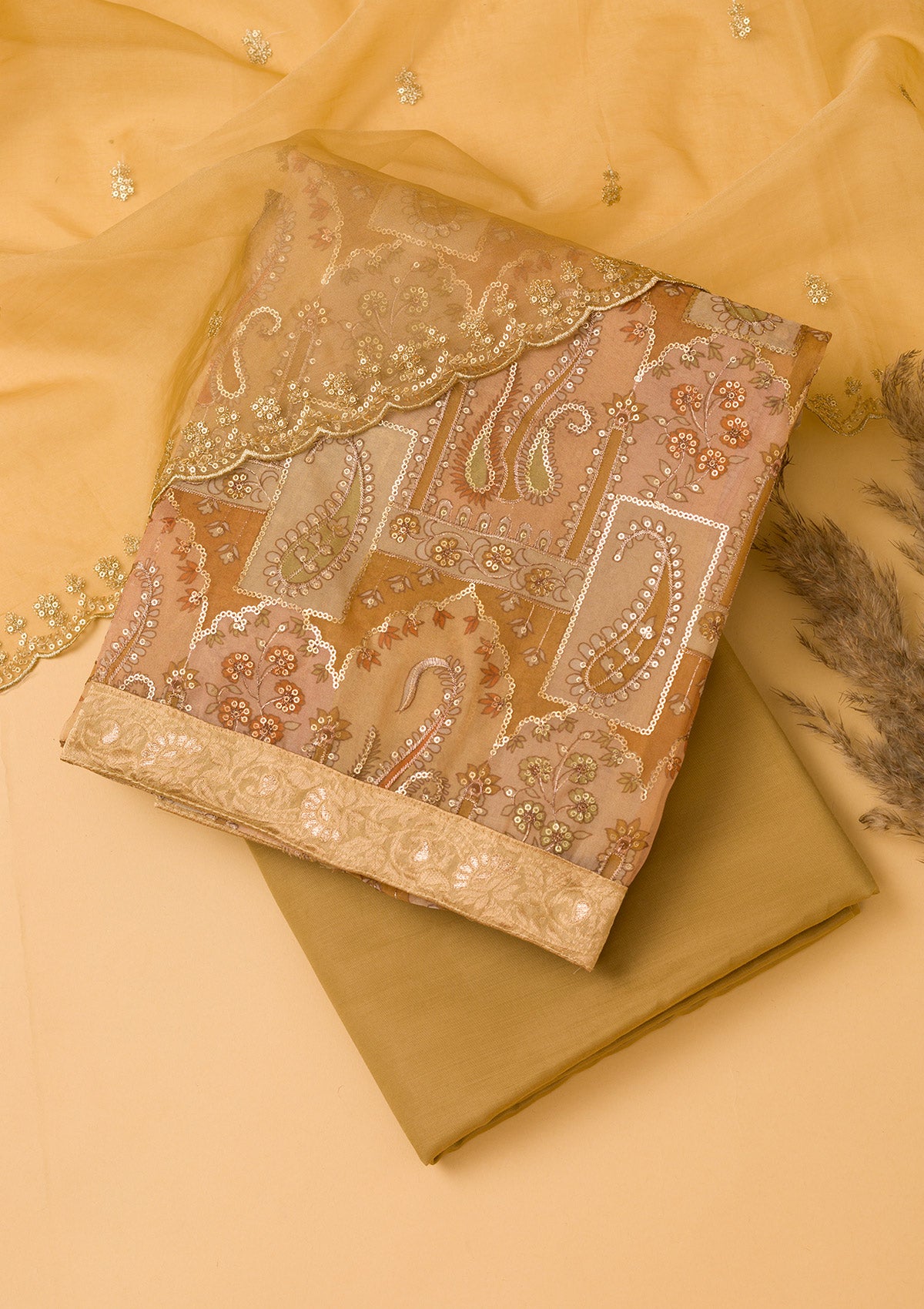 Light Brown Sequins Tissue Unstitched Salwar Kameez