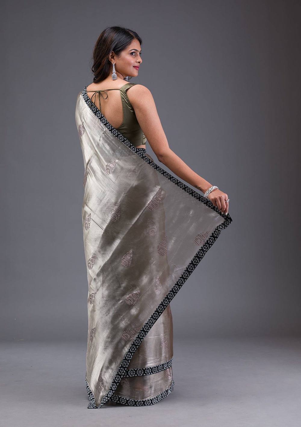 Pista Green Stonework Crepe Designer Saree-Koskii