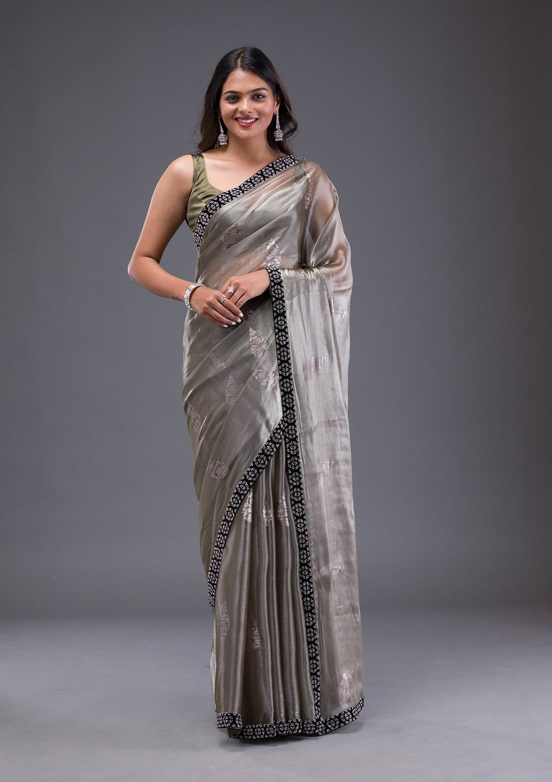 Pista Green Stonework Crepe Designer Saree-Koskii