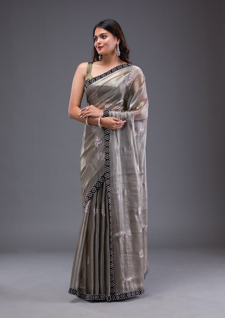 Pista Green Stonework Crepe Designer Saree-Koskii