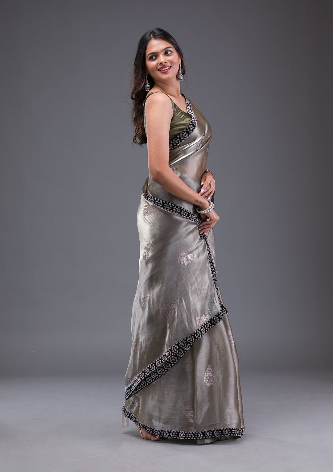 Pista Green Stonework Crepe Designer Saree-Koskii