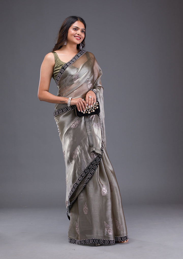 Pista Green Stonework Crepe Designer Saree-Koskii
