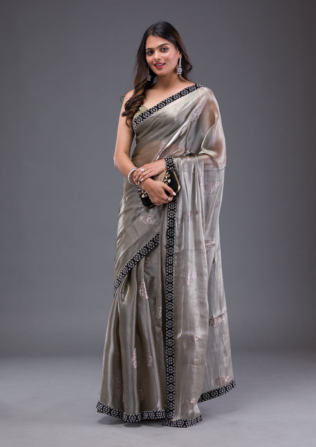 Pista Green Stonework Crepe Designer Saree-Koskii