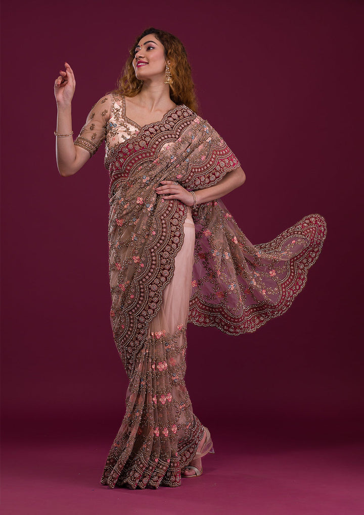 Light Brown Stonework Net Saree-Koskii