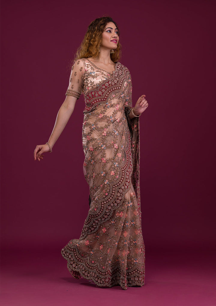 Light Brown Stonework Net Saree-Koskii