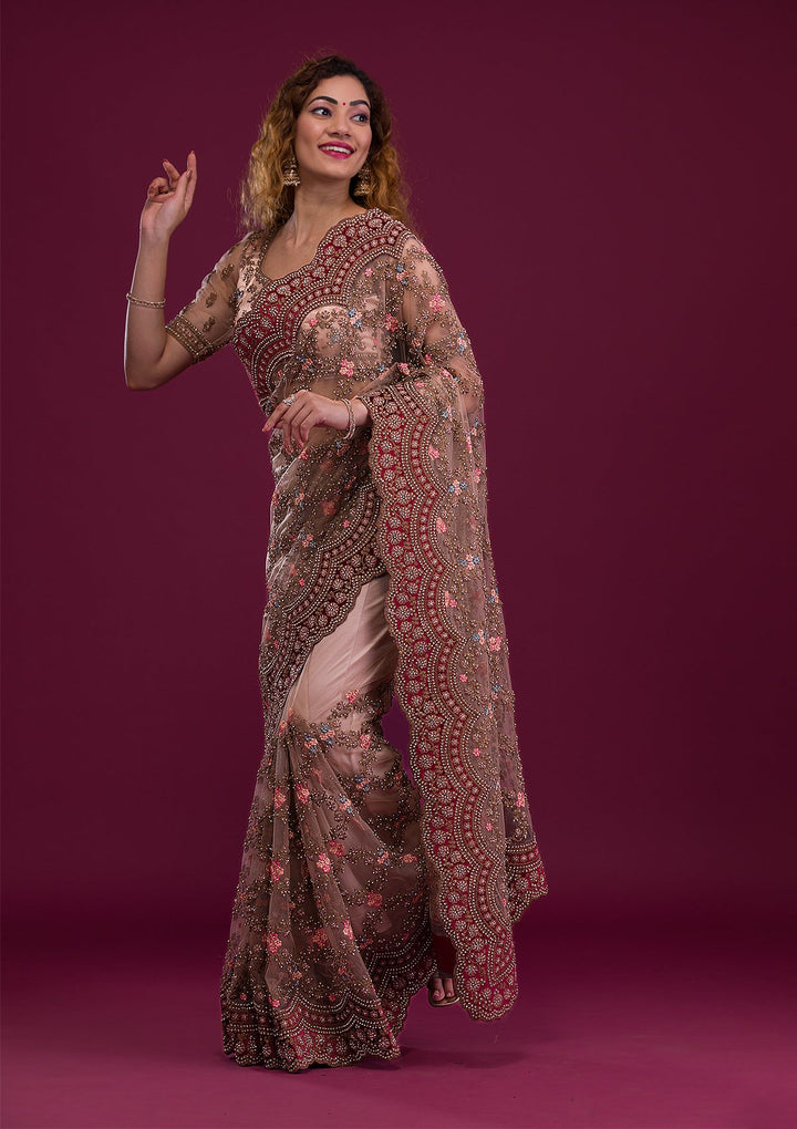 Light Brown Stonework Net Saree-Koskii