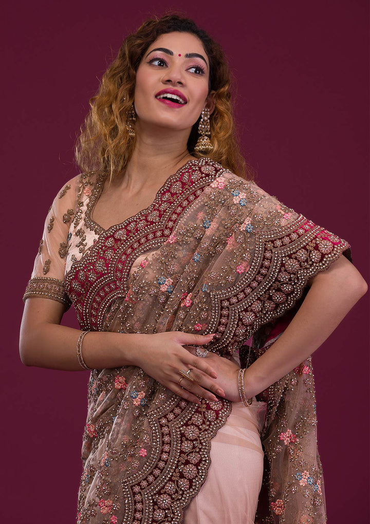 Light Brown Stonework Net Saree-Koskii