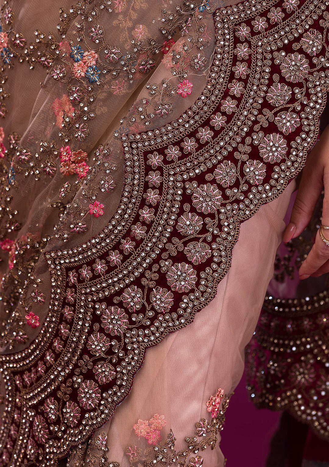 Light Brown Stonework Net Saree-Koskii