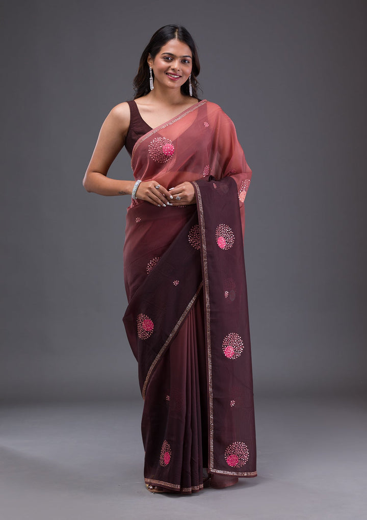 Pink Stonework Semi Crepe Designer Saree-Koskii