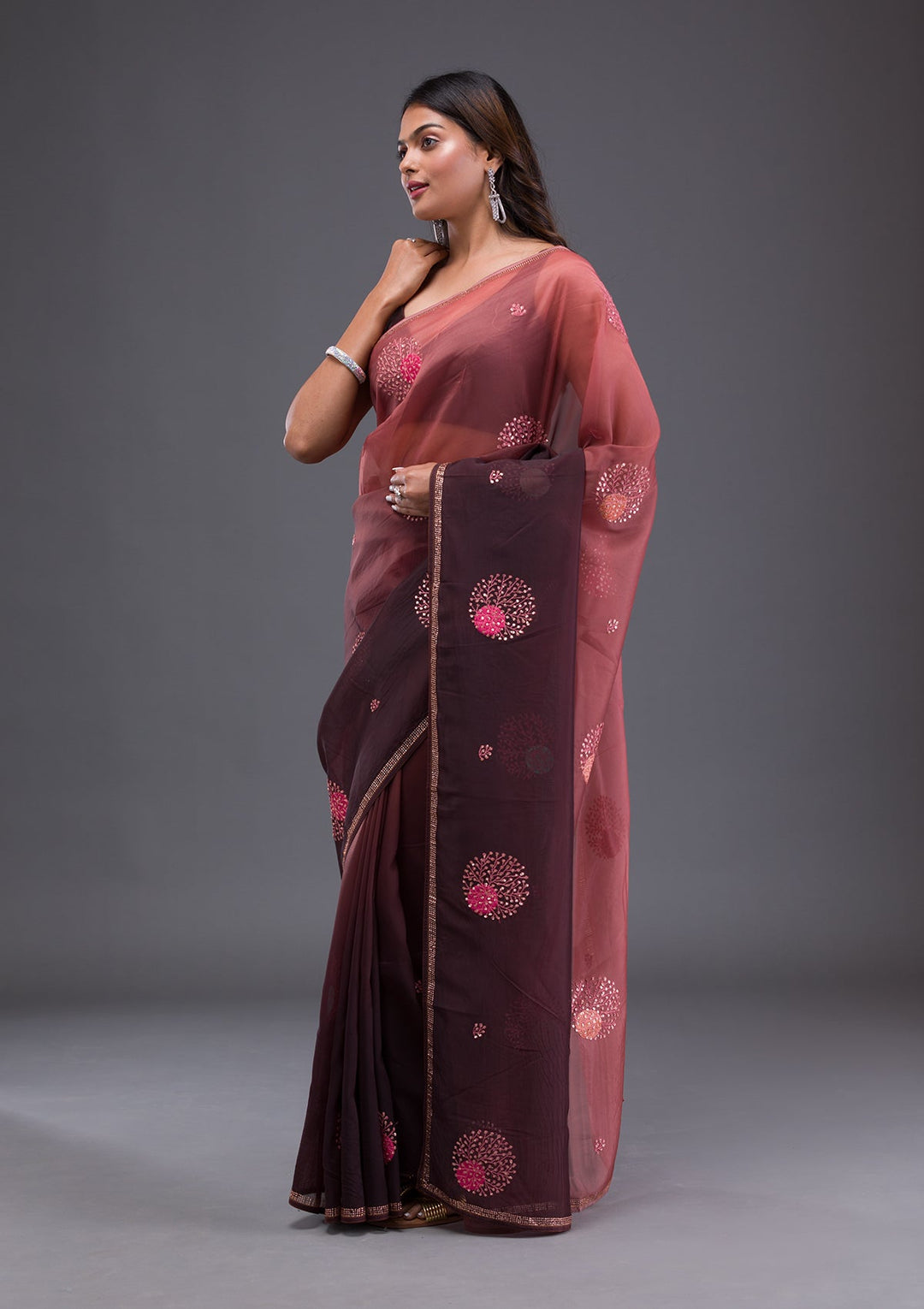 Pink Stonework Semi Crepe Designer Saree-Koskii