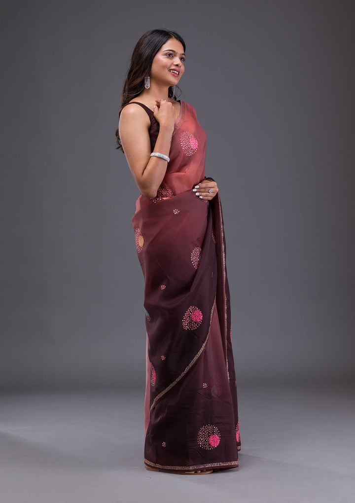 Pink Stonework Semi Crepe Designer Saree-Koskii