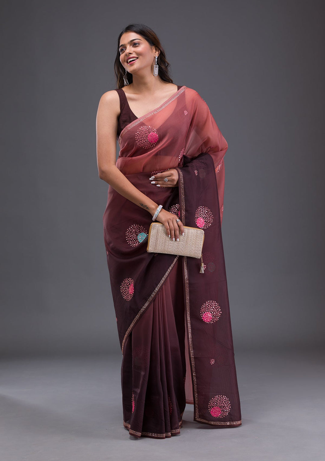 Pink Stonework Semi Crepe Designer Saree-Koskii