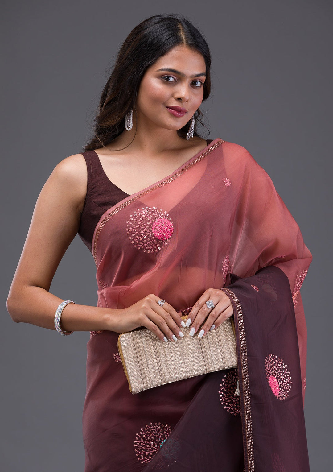 Pink Stonework Semi Crepe Designer Saree-Koskii
