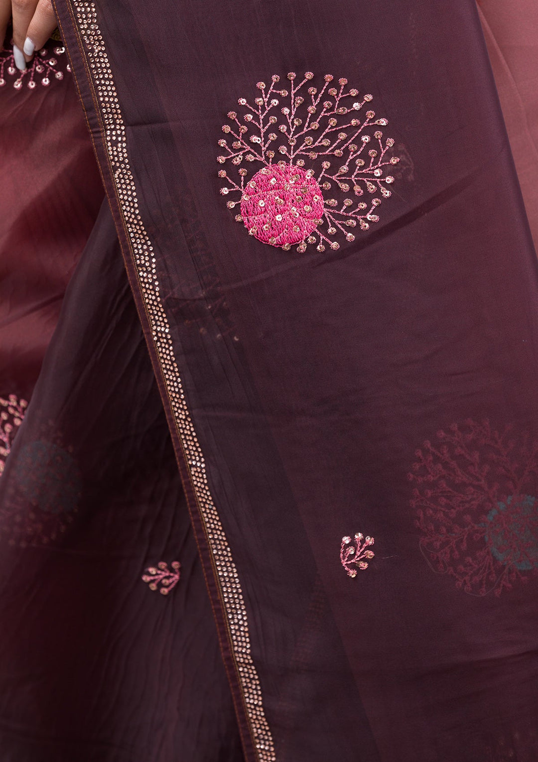 Pink Stonework Semi Crepe Designer Saree-Koskii
