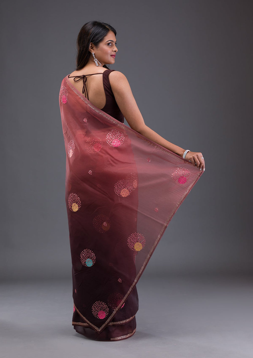 Pink Stonework Semi Crepe Designer Saree-Koskii