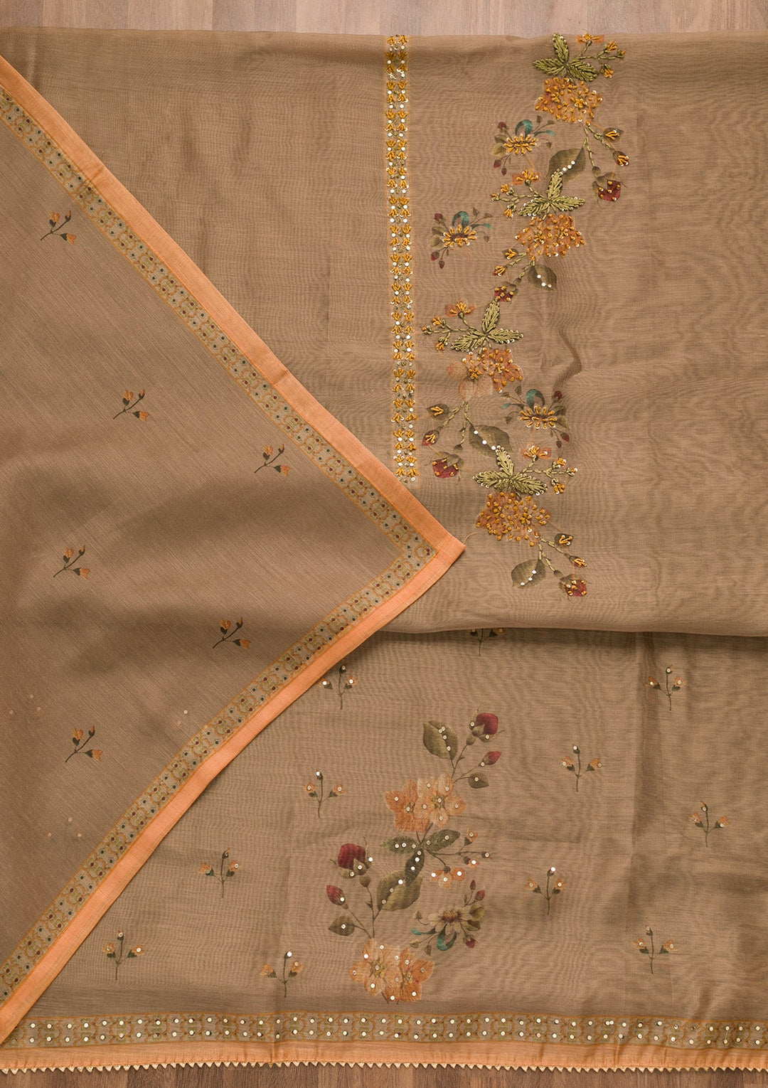 Light Brown Threadwork Chanderi Unstitched Salwar Suit-Koskii