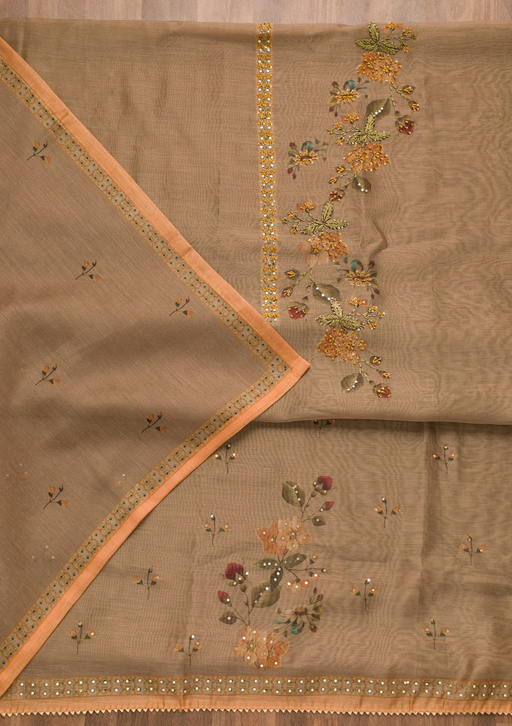 Light Brown Threadwork Chanderi Unstitched Salwar Suit-Koskii