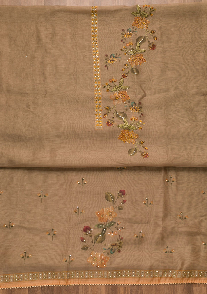 Light Brown Threadwork Chanderi Unstitched Salwar Suit-Koskii