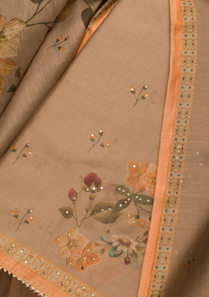 Light Brown Threadwork Chanderi Unstitched Salwar Suit-Koskii