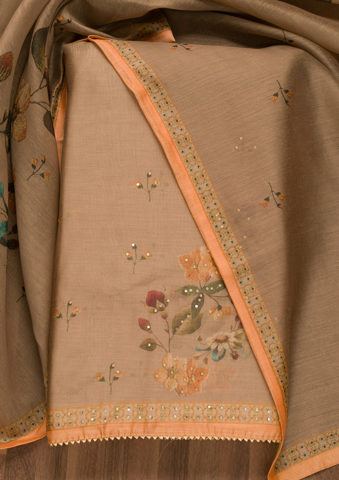 Light Brown Threadwork Chanderi Unstitched Salwar Suit-Koskii