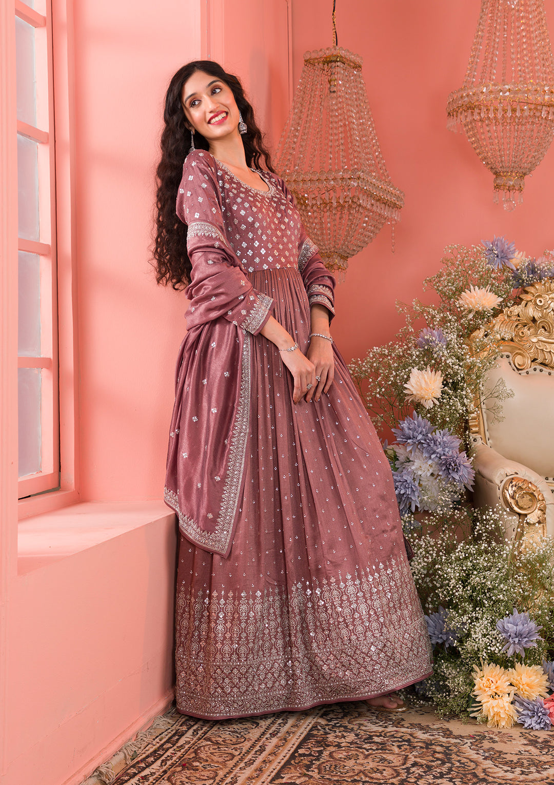 Light Brown Zariwork Georgette Readymade Salwar Kameez