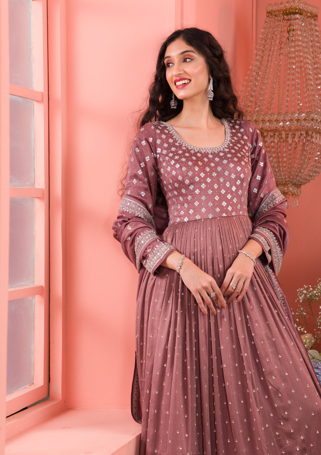 Light Brown Zariwork Georgette Readymade Salwar Kameez