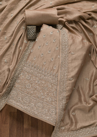 Light Brown Zariwork Raw Silk Unstitched Salwar Suit-Koskii