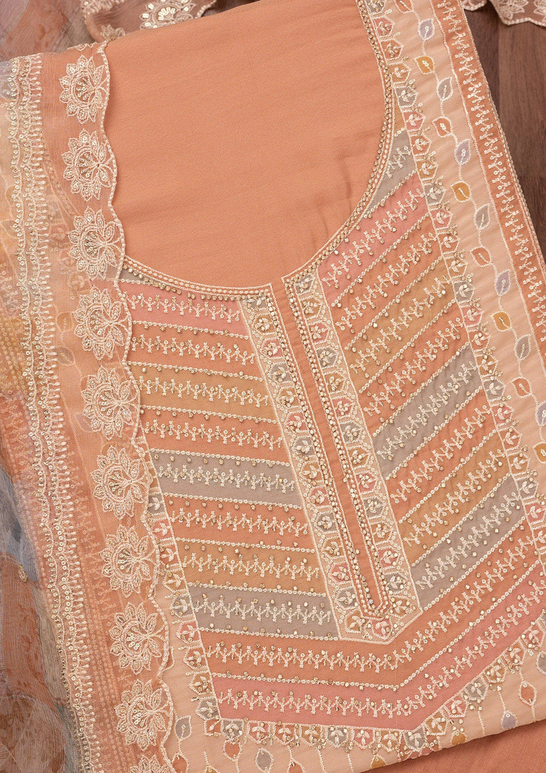 Light Brown Zariwork Semi Crepe Unstitched Salwar Suit-Koskii