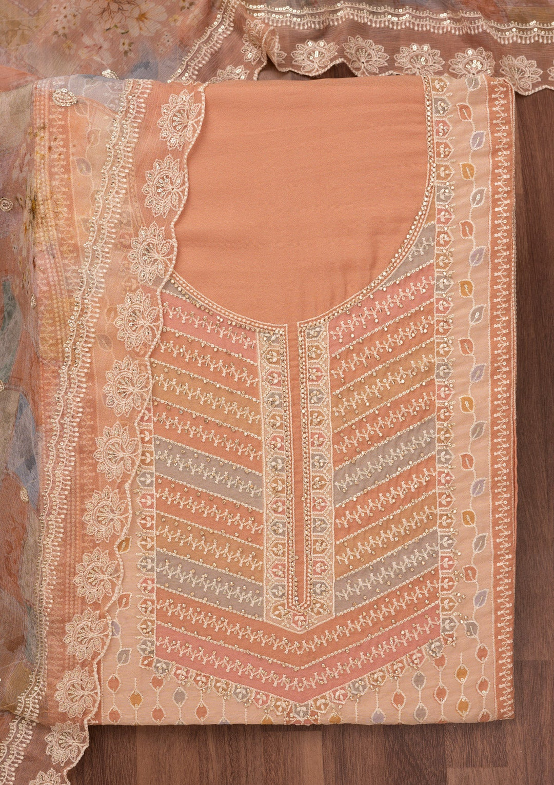 Light Brown Zariwork Semi Crepe Unstitched Salwar Suit-Koskii