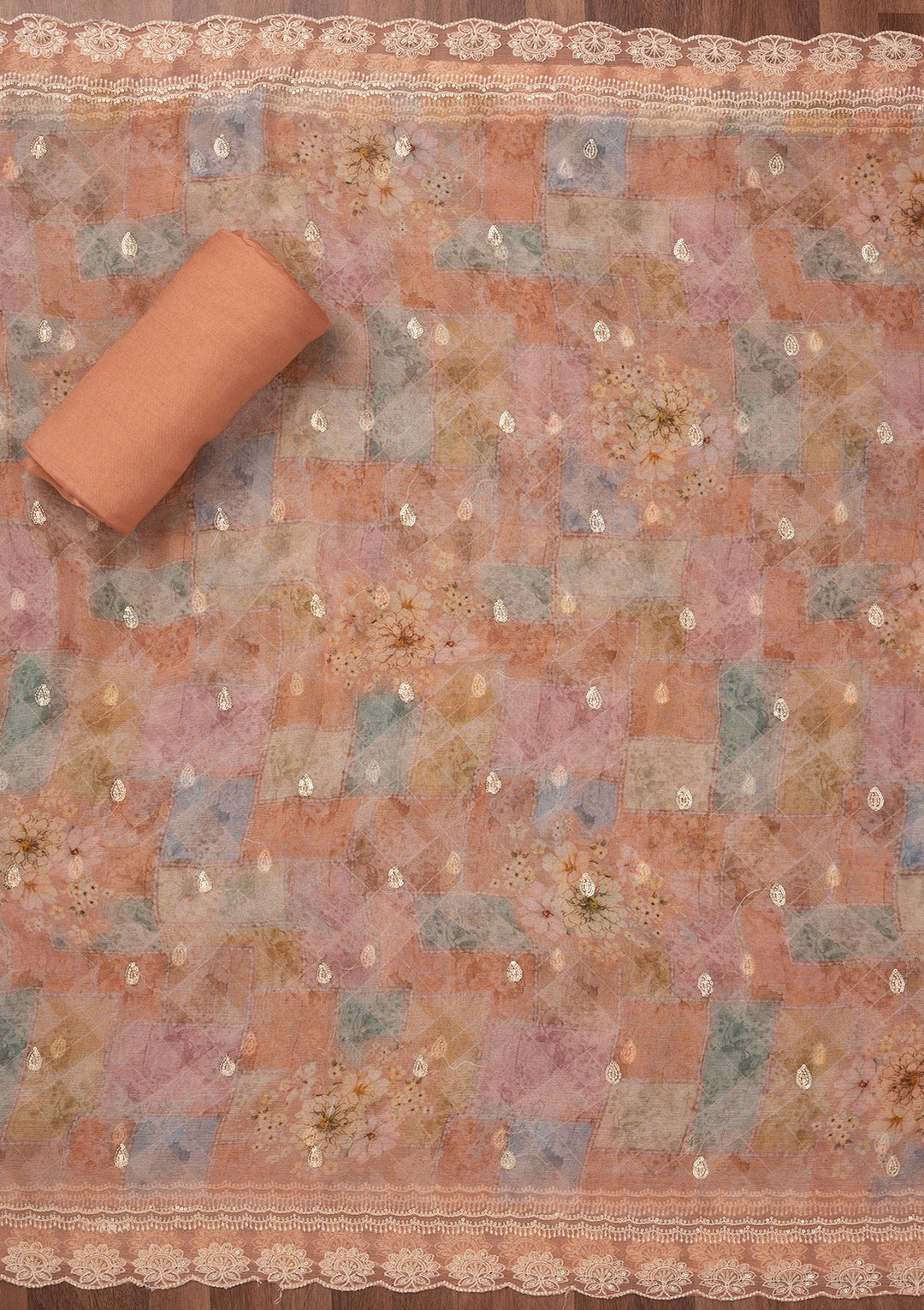 Light Brown Zariwork Semi Crepe Unstitched Salwar Suit-Koskii