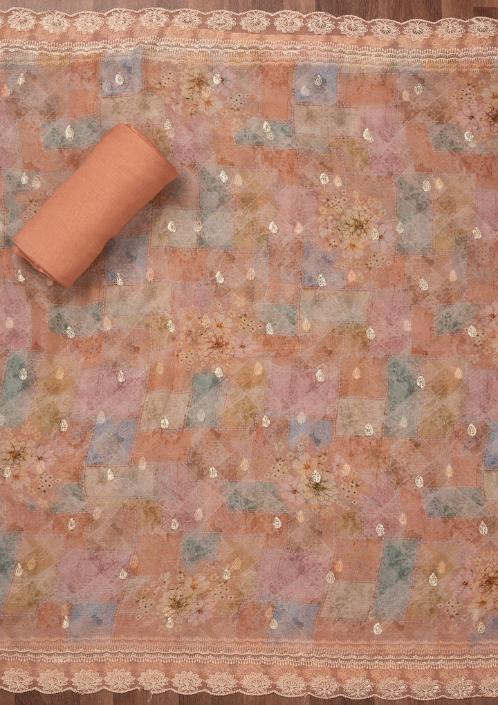 Light Brown Zariwork Semi Crepe Unstitched Salwar Suit-Koskii