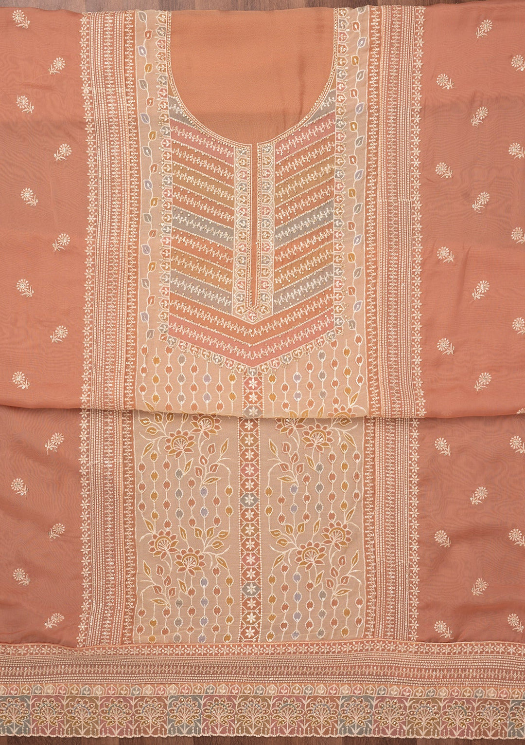 Light Brown Zariwork Semi Crepe Unstitched Salwar Suit-Koskii