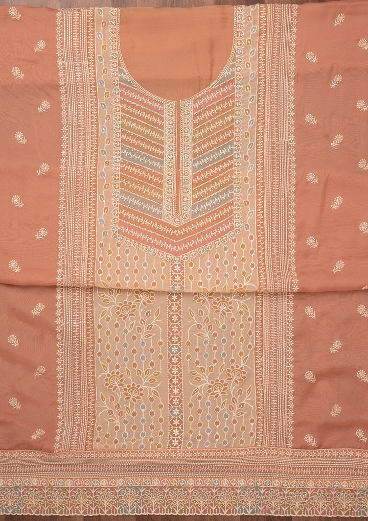 Light Brown Zariwork Semi Crepe Unstitched Salwar Suit-Koskii