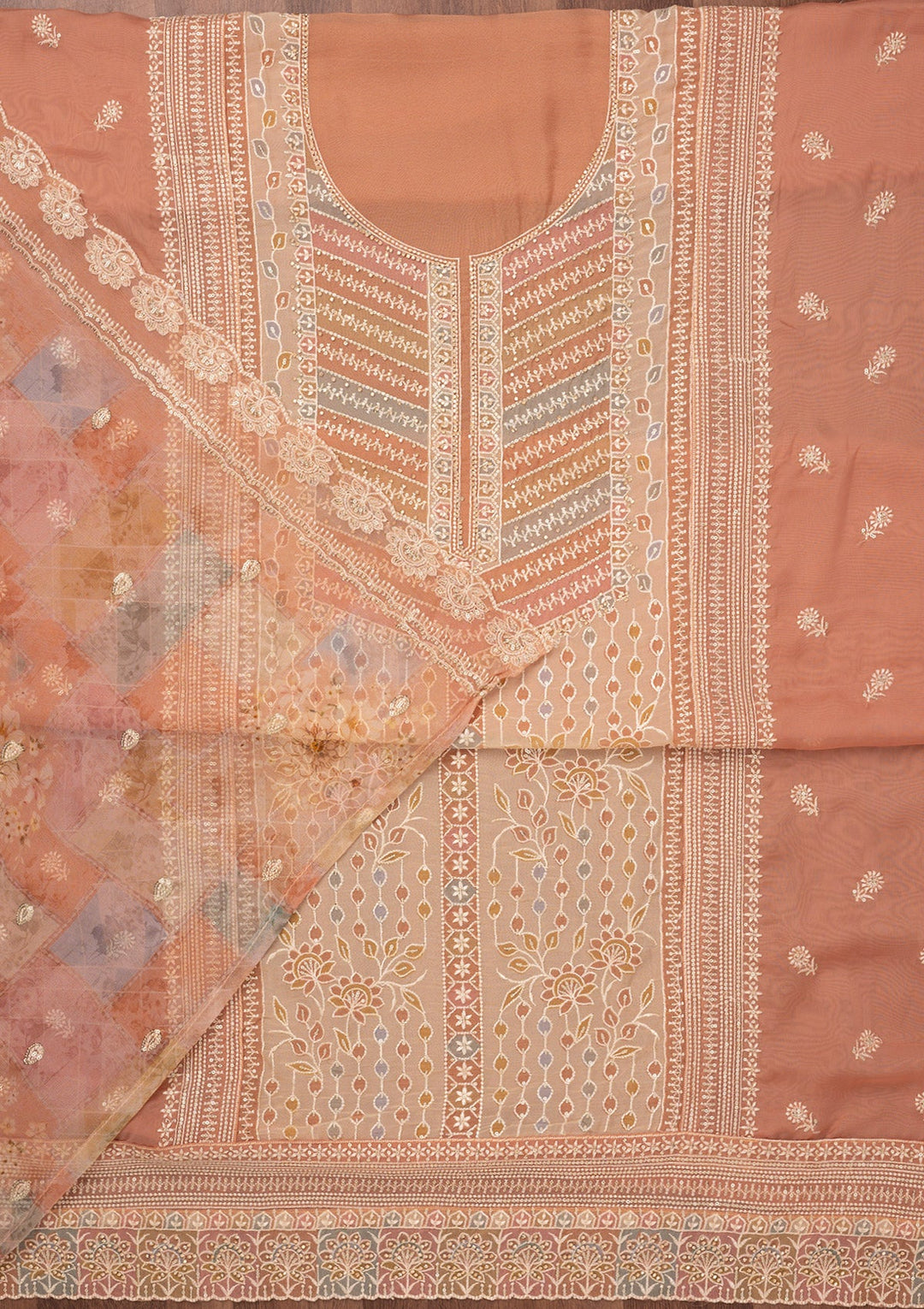 Light Brown Zariwork Semi Crepe Unstitched Salwar Suit-Koskii