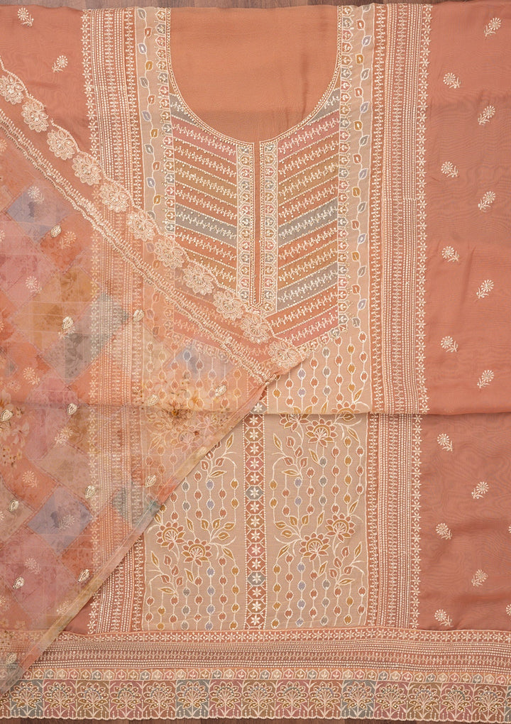 Light Brown Zariwork Semi Crepe Unstitched Salwar Suit-Koskii