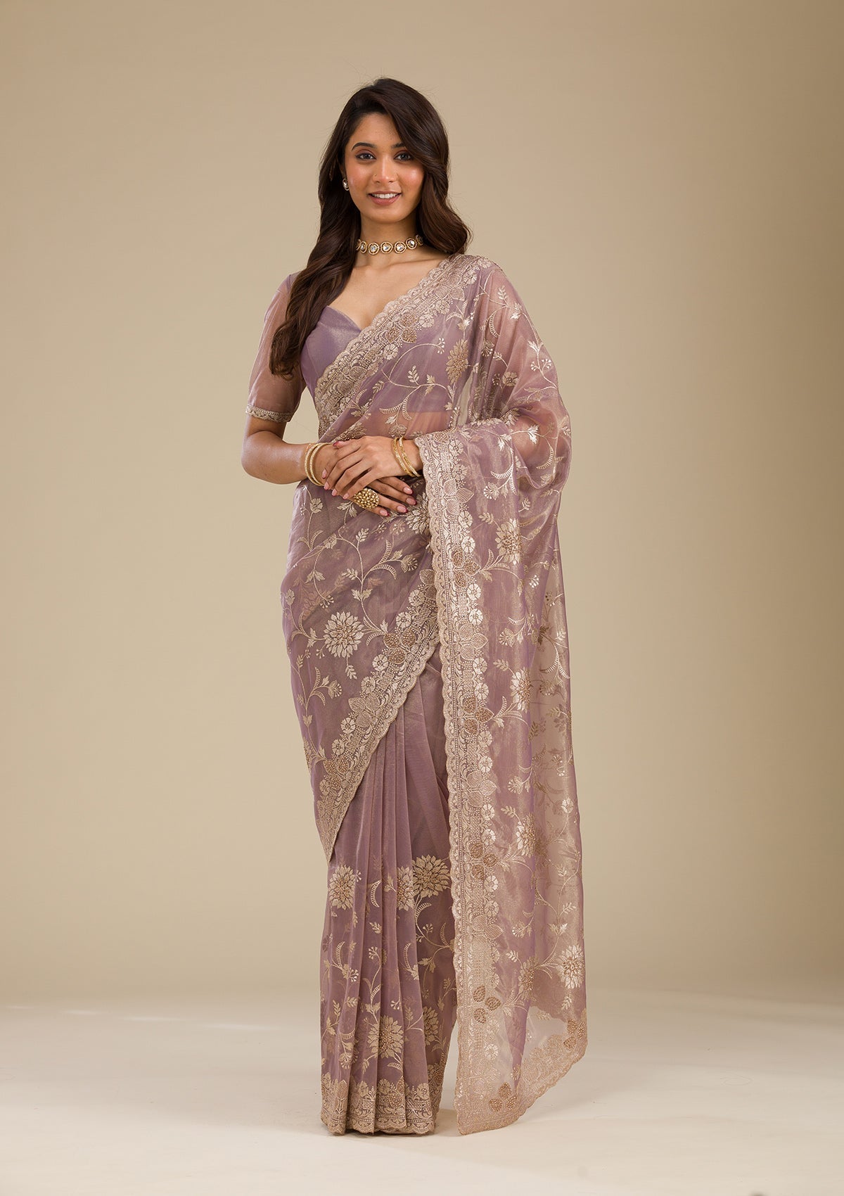 Light Brown Zariwork Tissue Saree-Koskii