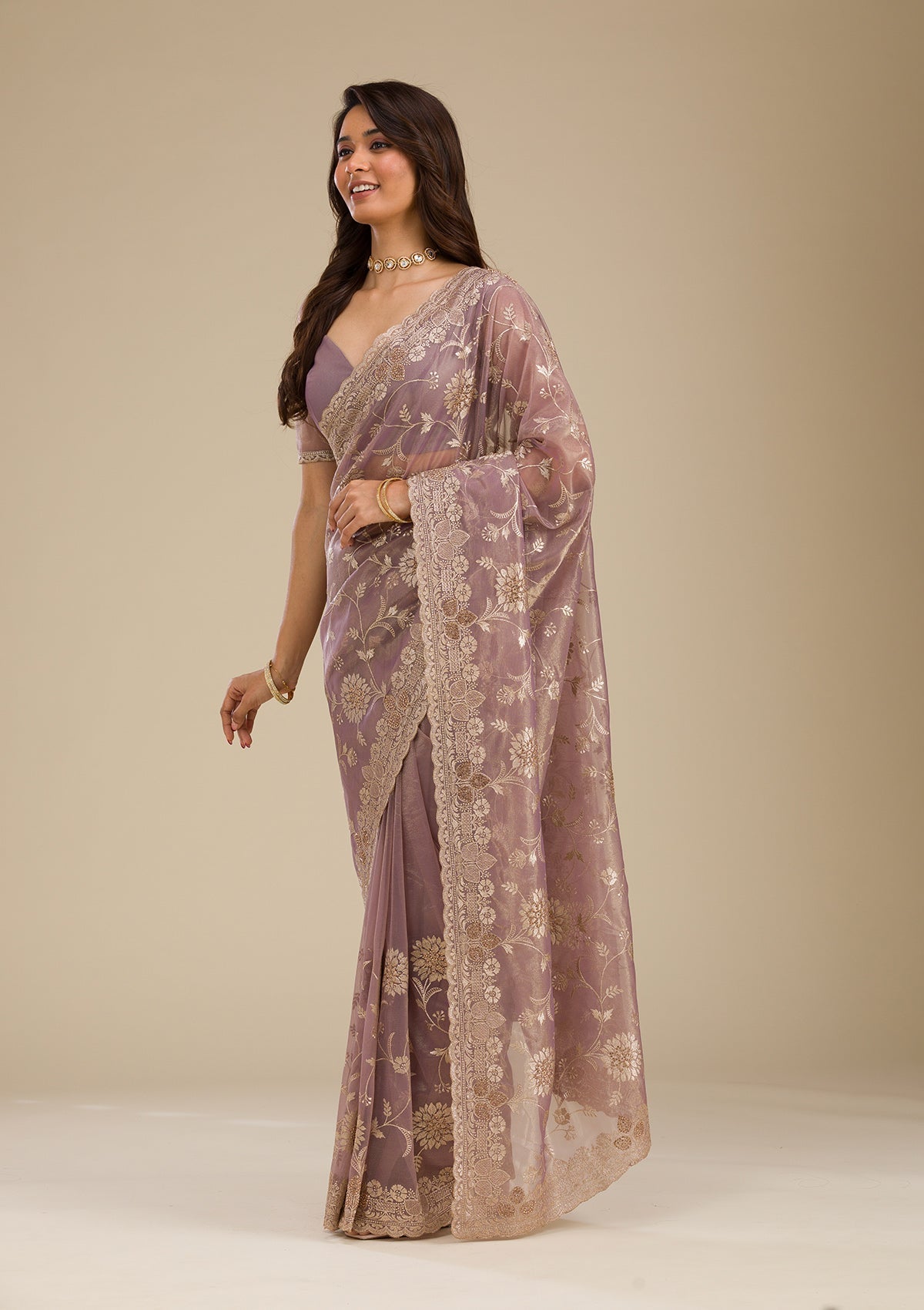 Light Brown Zariwork Tissue Saree-Koskii