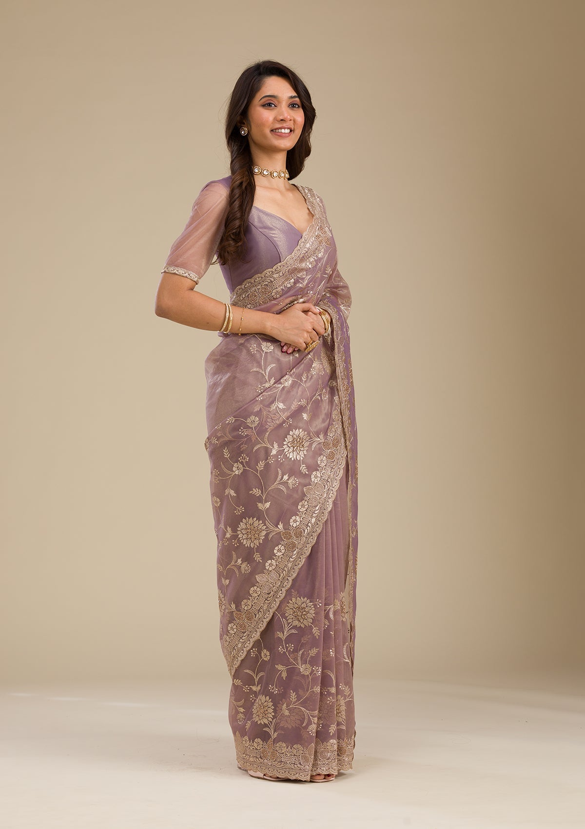 Light Brown Zariwork Tissue Saree-Koskii