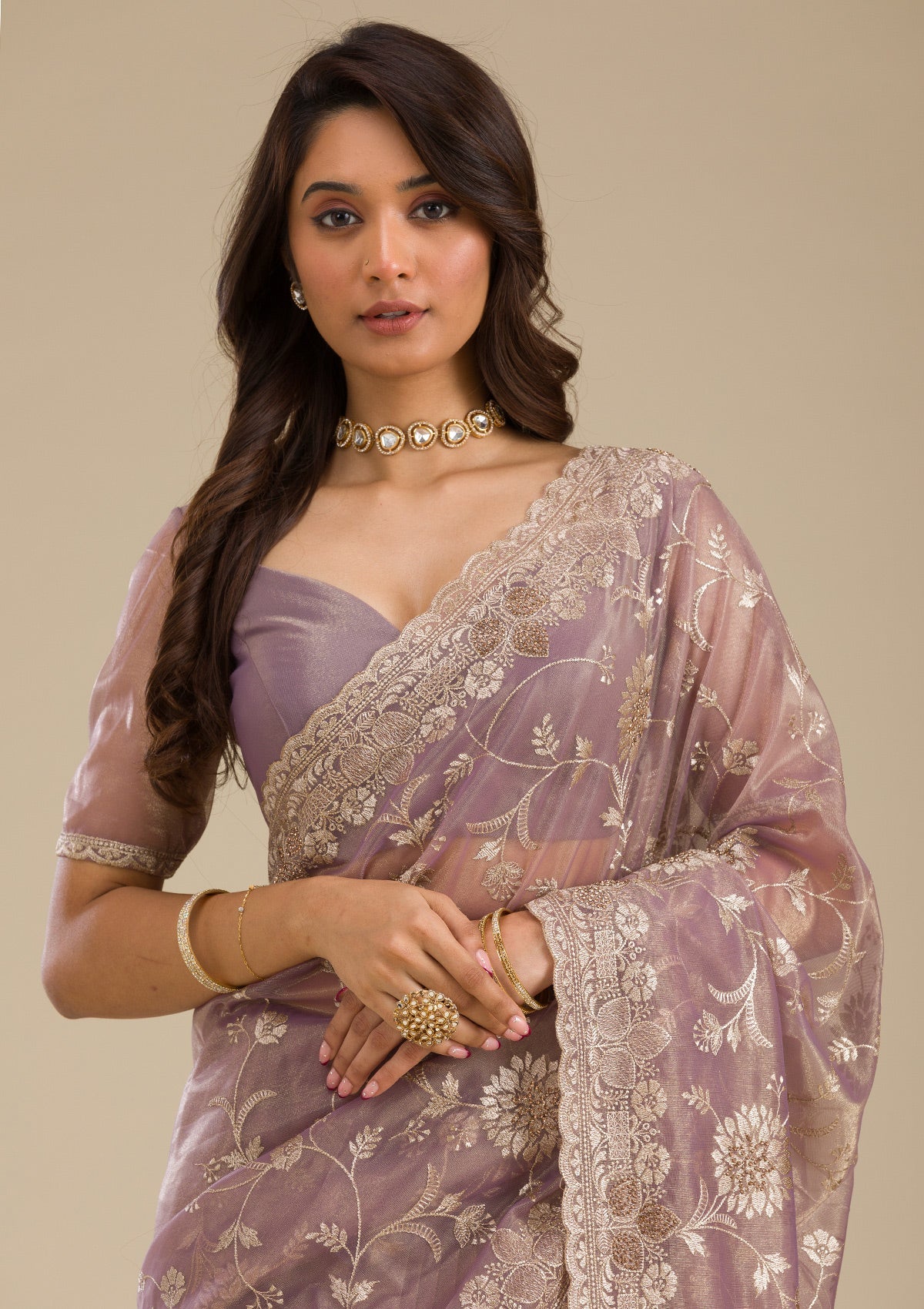 Light Brown Zariwork Tissue Saree-Koskii