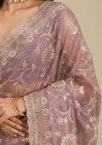 Light Brown Zariwork Tissue Saree-Koskii