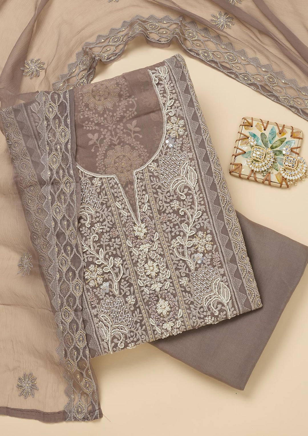 Light Grey Chikankari Georgette Unstitched Salwar Suit-Koskii