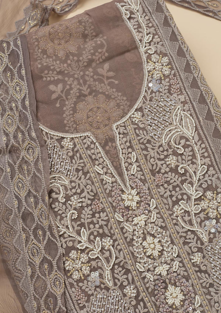 Light Grey Chikankari Georgette Unstitched Salwar Suit-Koskii