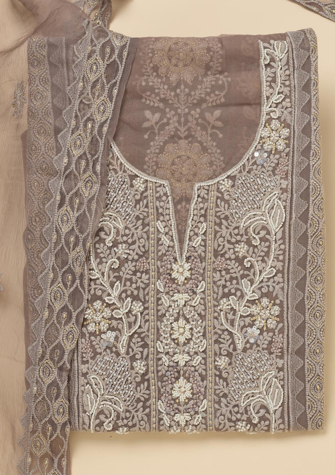 Light Grey Chikankari Georgette Unstitched Salwar Suit-Koskii