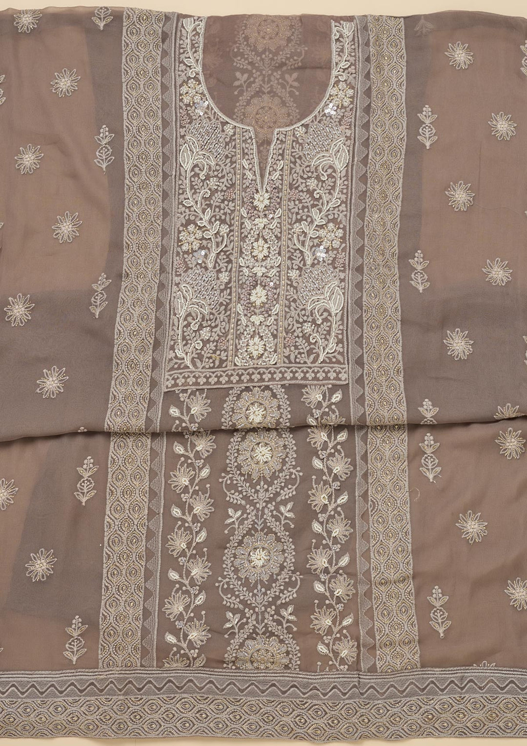 Light Grey Chikankari Georgette Unstitched Salwar Suit-Koskii